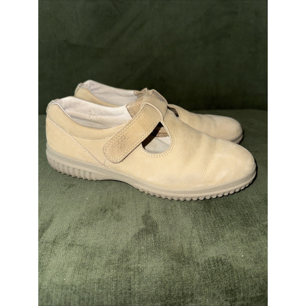 Ecco Soft Maryjane Shoes Womens EU 38 US 7 Tan T-Strap Suede Slip On Comfort‎